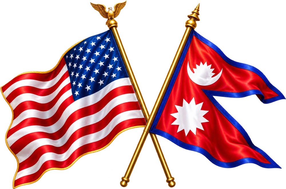 The flags of Nepal and the United States, crossed on gold poles