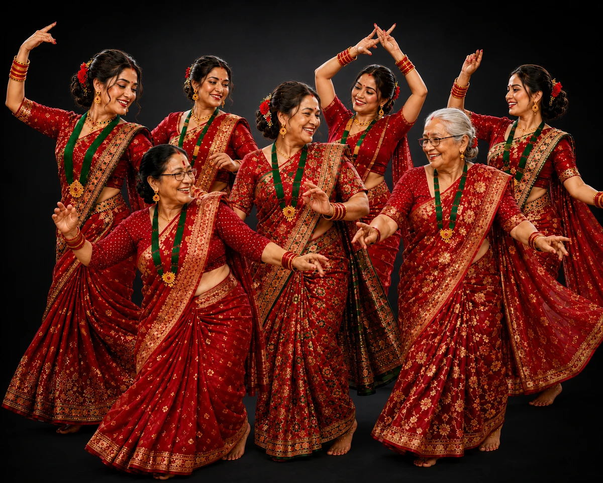 Women of every age in red saris, dancing together at Teej