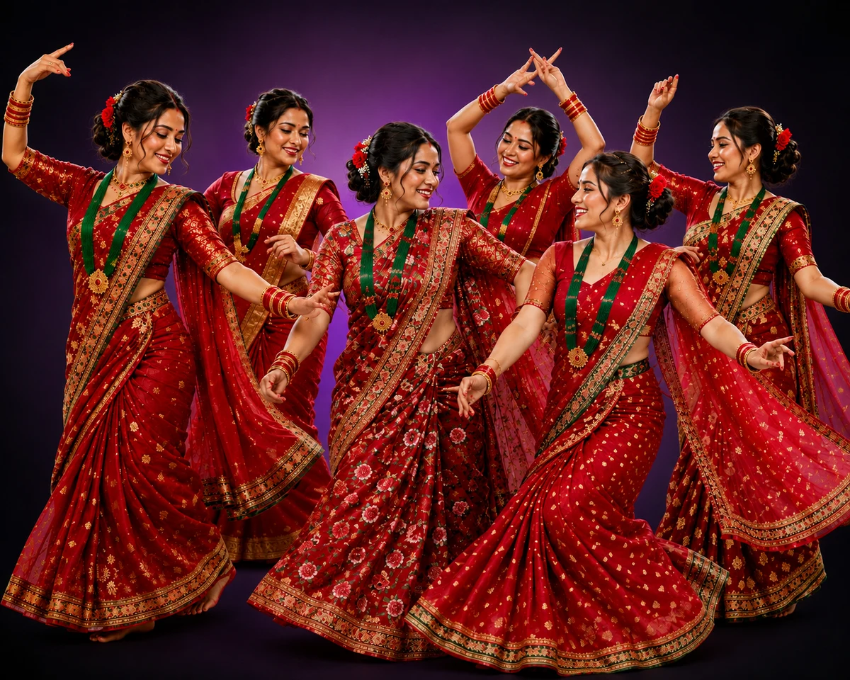 Women in red saris and green pote dancing together under stage light at Teej